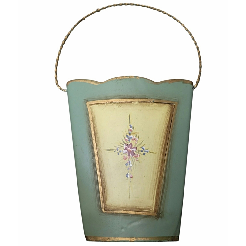Vintage Metal Floral Wall Metal Basket with Handle - Picture 2 of 6